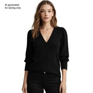 Madewell Black V Neck Wool Pullover Lightweight Sweater Puff Sleeve Dark Gray XS